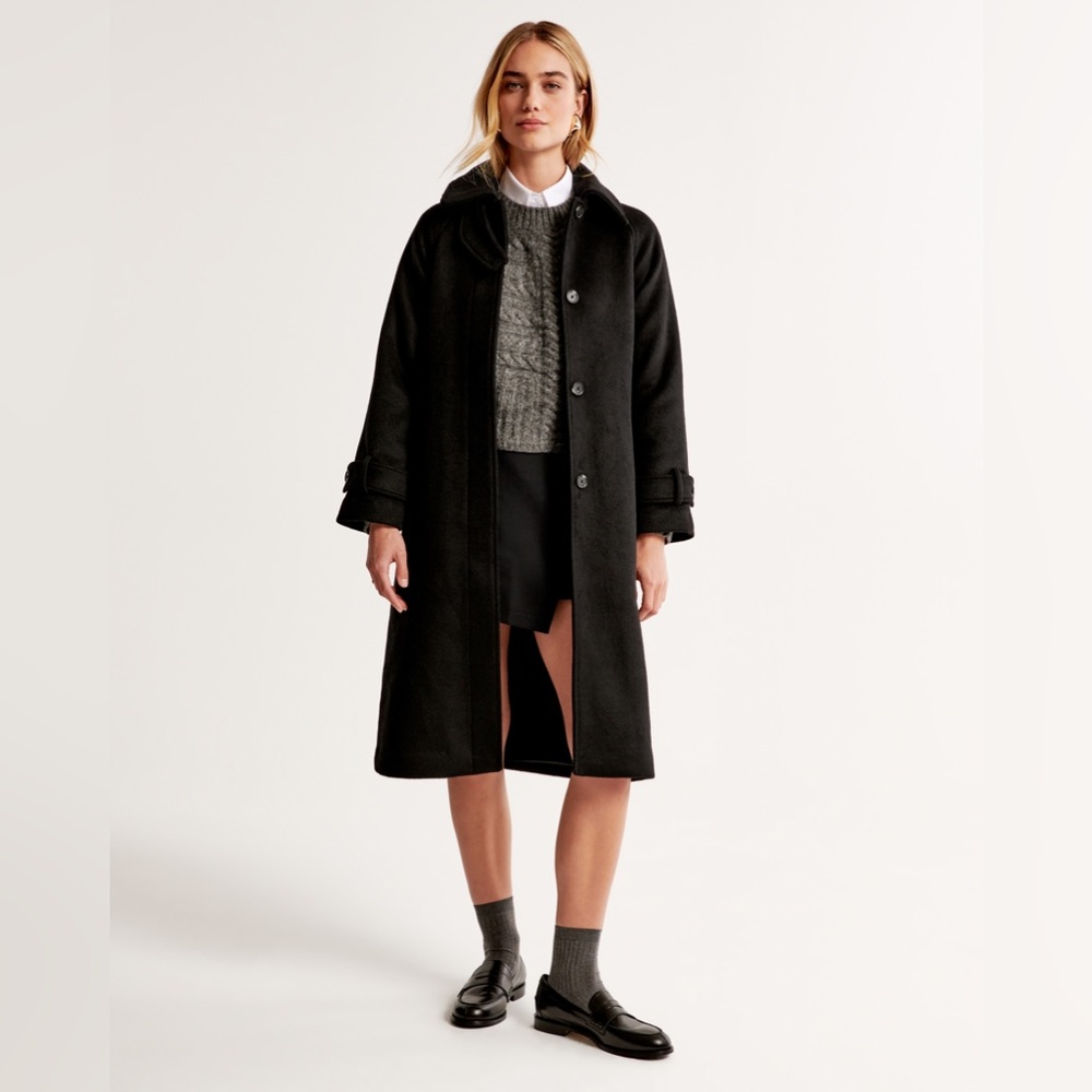 Abercrombie Funnel Neck Wool Coat in Black Extra Small